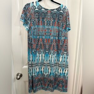 London Times Geometric knee length  Dress - Teal and Rust. Lagenlook 16 w. Artsy